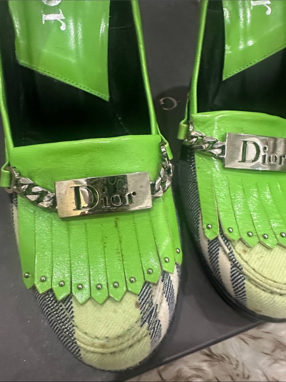 Dior Green Plaid Fringe Chain Loafer Pumps - Picture 3 of 8